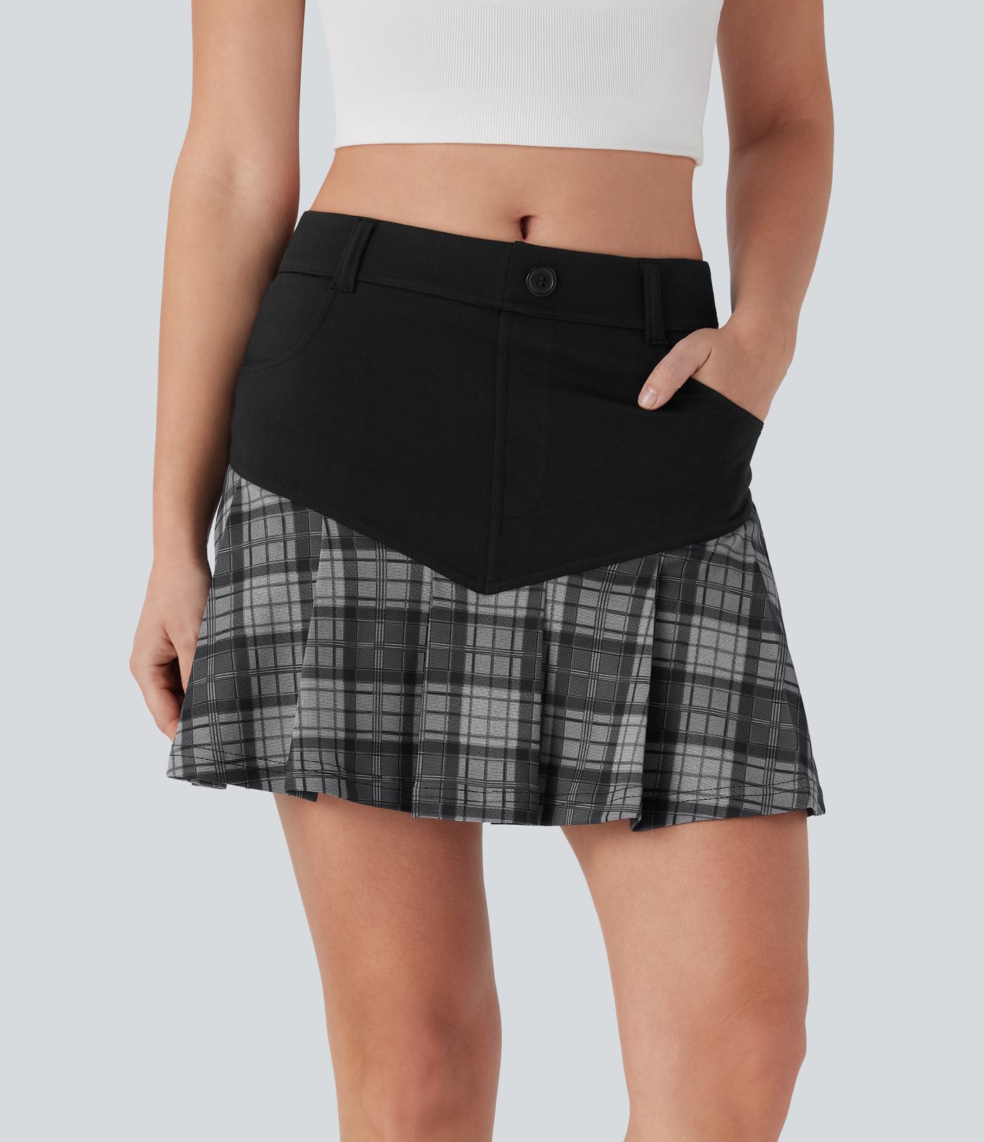 Mid Rise 2-in-1 Contrast Plaid Pleated Mini Casual Skirt with Pockets