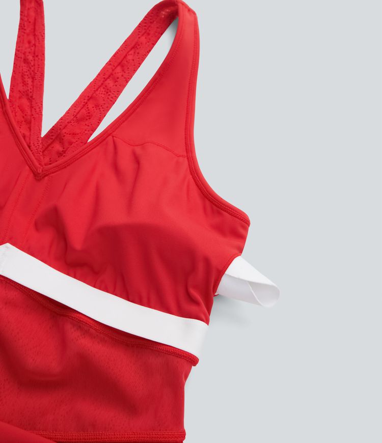 Minivestido de yoga de dos piezas  Softlyzero™ con encaje en contraste y espalda descubierta con bolsillo lateral