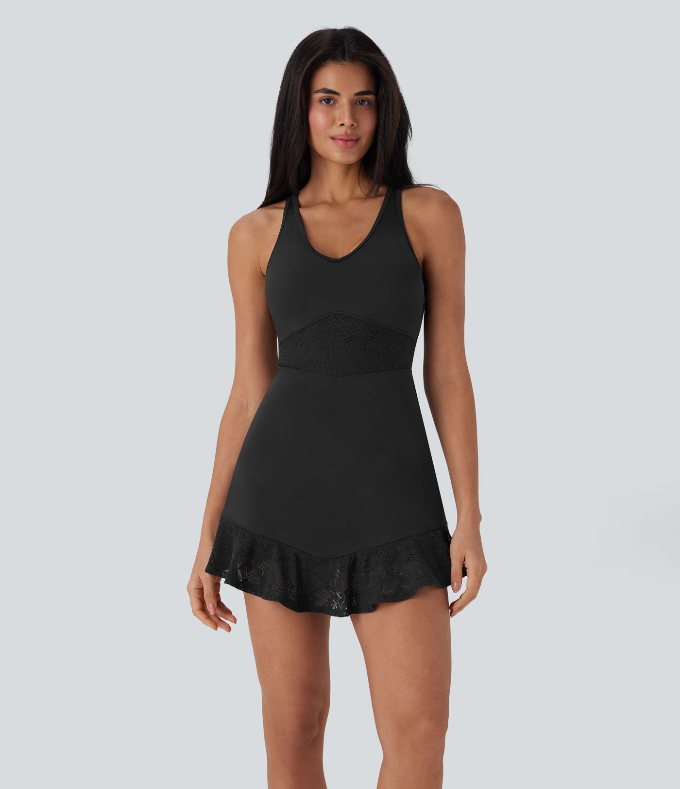 SoftlyZero™ Contrast Lace 2-Piece Mini Yoga Active Dress with Pocket SoftlyZero™ Contrast Lace 2-Piece Mini Yoga Active Dress with Pocket