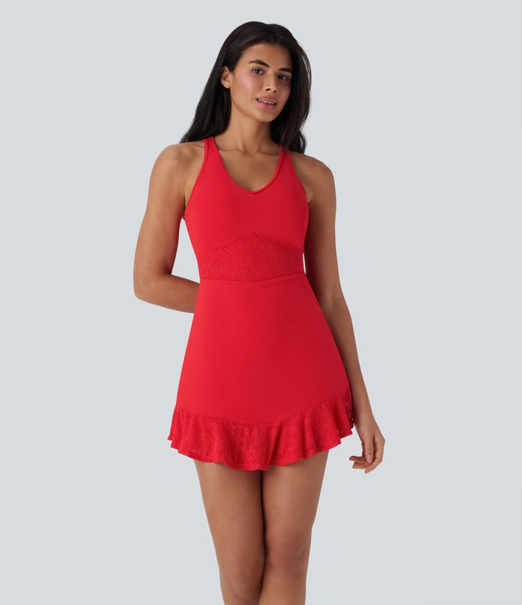 Minivestido de yoga de dos piezas  Softlyzero™ con encaje en contraste y espalda descubierta con bolsillo lateral