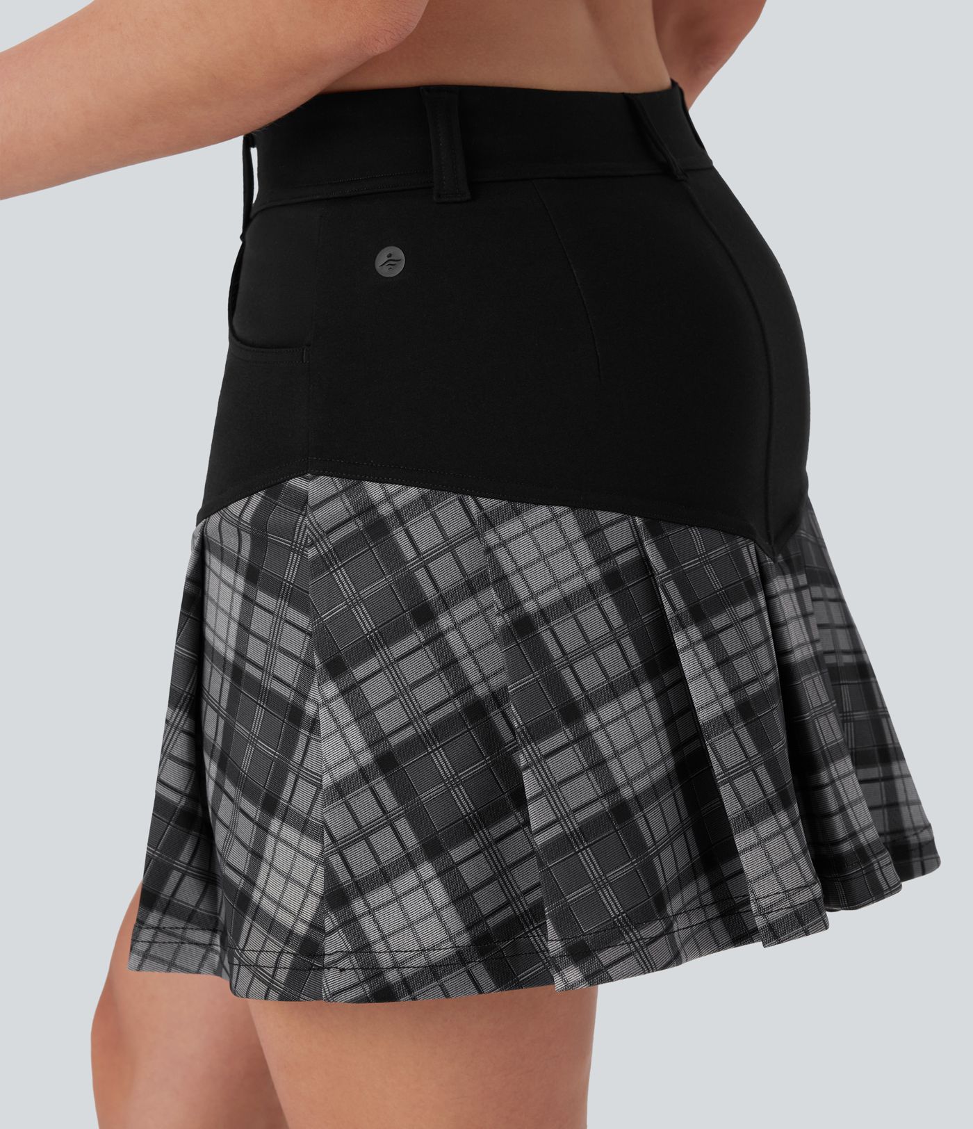 Mid Rise 2-in-1 Contrast Plaid Pleated Mini Casual Skirt with Pockets