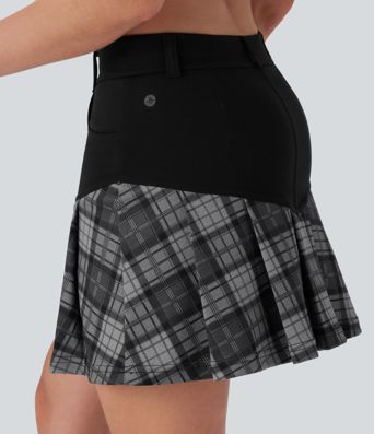 Mid Rise 2-in-1 Contrast Plaid Pleated Mini Casual Skirt with Pockets