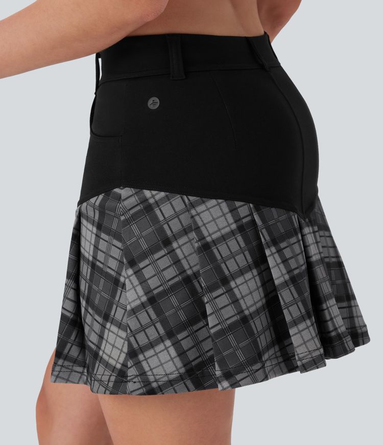 Mid Rise 2-in-1 Contrast Plaid Pleated Mini Casual Skirt with Pockets