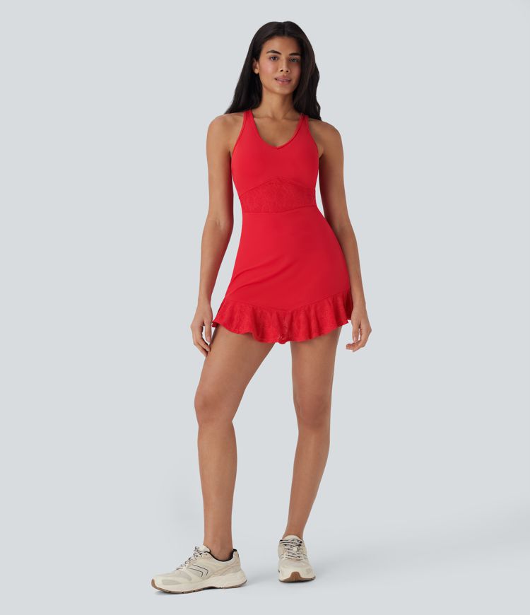 Minivestido de yoga de dos piezas  Softlyzero™ con encaje en contraste y espalda descubierta con bolsillo lateral