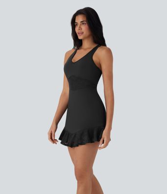 Vestido mini activo de yoga de dos piezas con encaje de contraste SoftlyZero™ con bolsillo