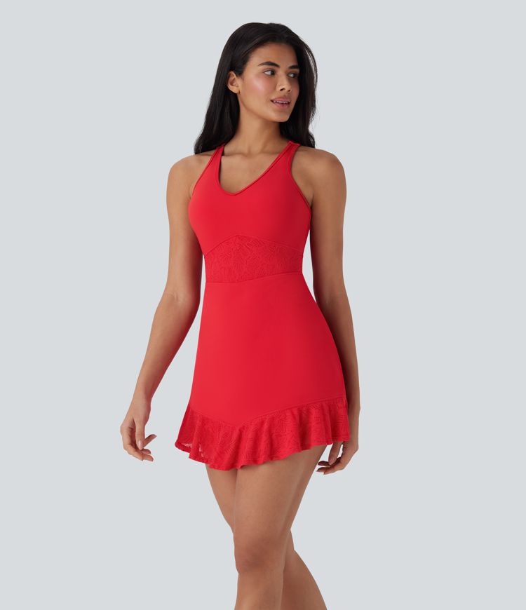 Minivestido de yoga de dos piezas  Softlyzero™ con encaje en contraste y espalda descubierta con bolsillo lateral