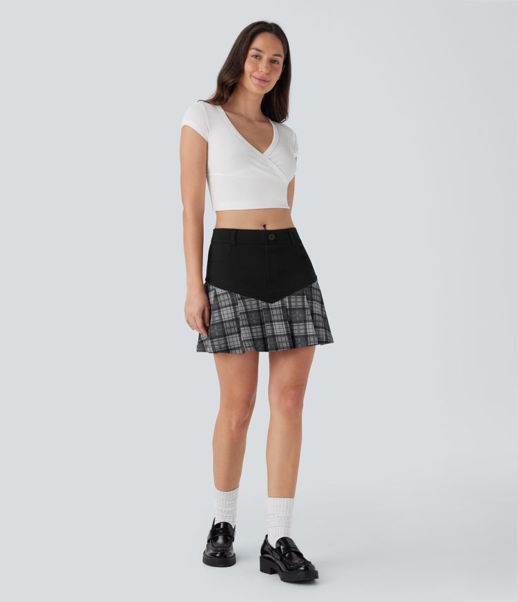 Mid Rise 2-in-1 Contrast Plaid Pleated Mini Casual Skirt with Pockets