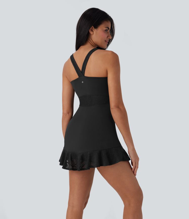 Vestido mini activo de yoga de dos piezas con encaje de contraste SoftlyZero™ con bolsillo