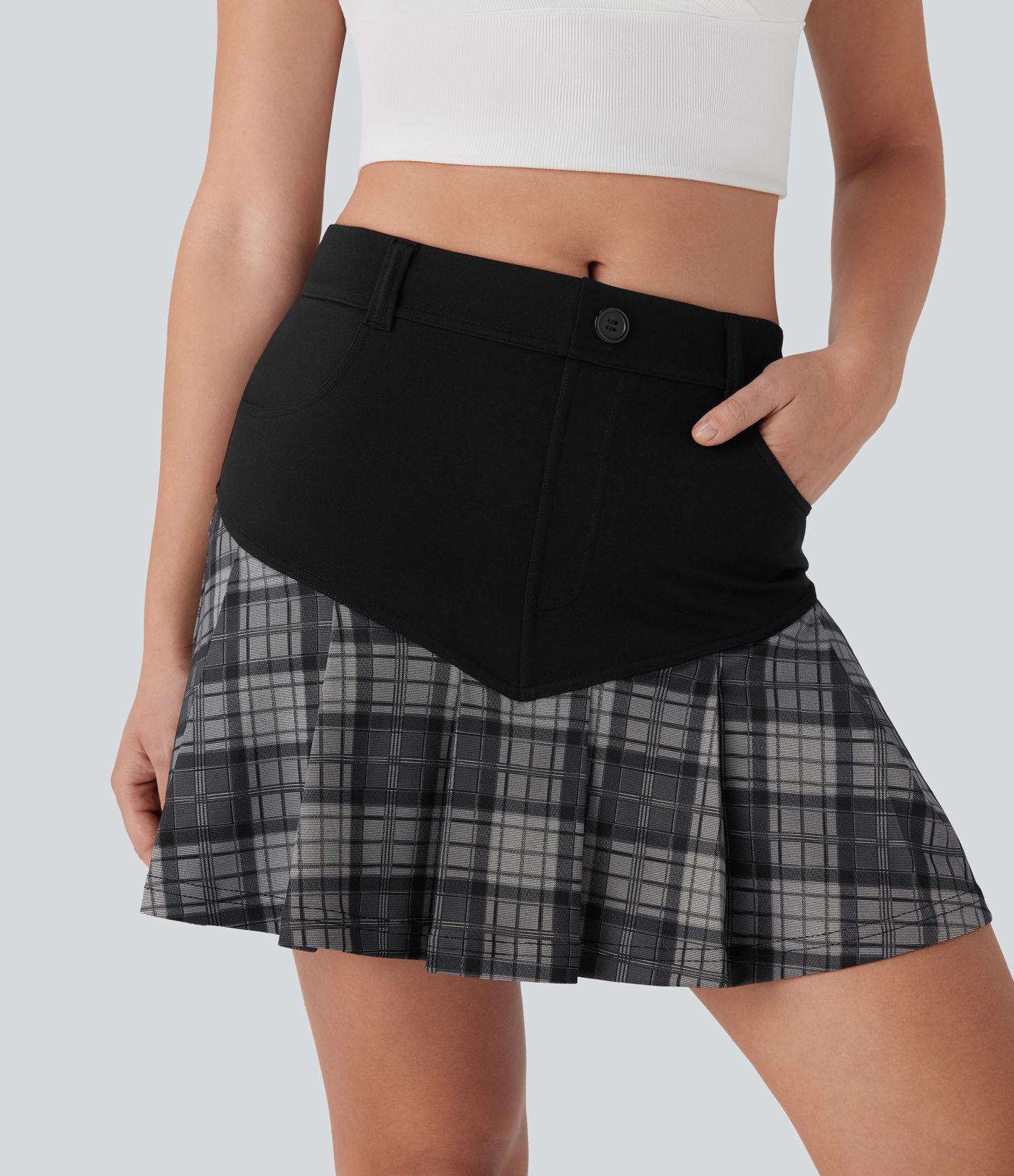 Mid Rise 2-in-1 Contrast Plaid Pleated Mini Casual Skirt with Pockets