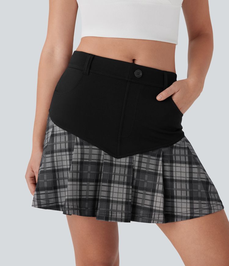 Mid Rise 2-in-1 Contrast Plaid Pleated Mini Casual Skirt with Pockets
