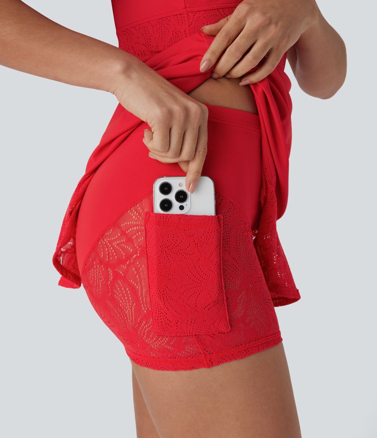 Minivestido de yoga de dos piezas  Softlyzero™ con encaje en contraste y espalda descubierta con bolsillo lateral