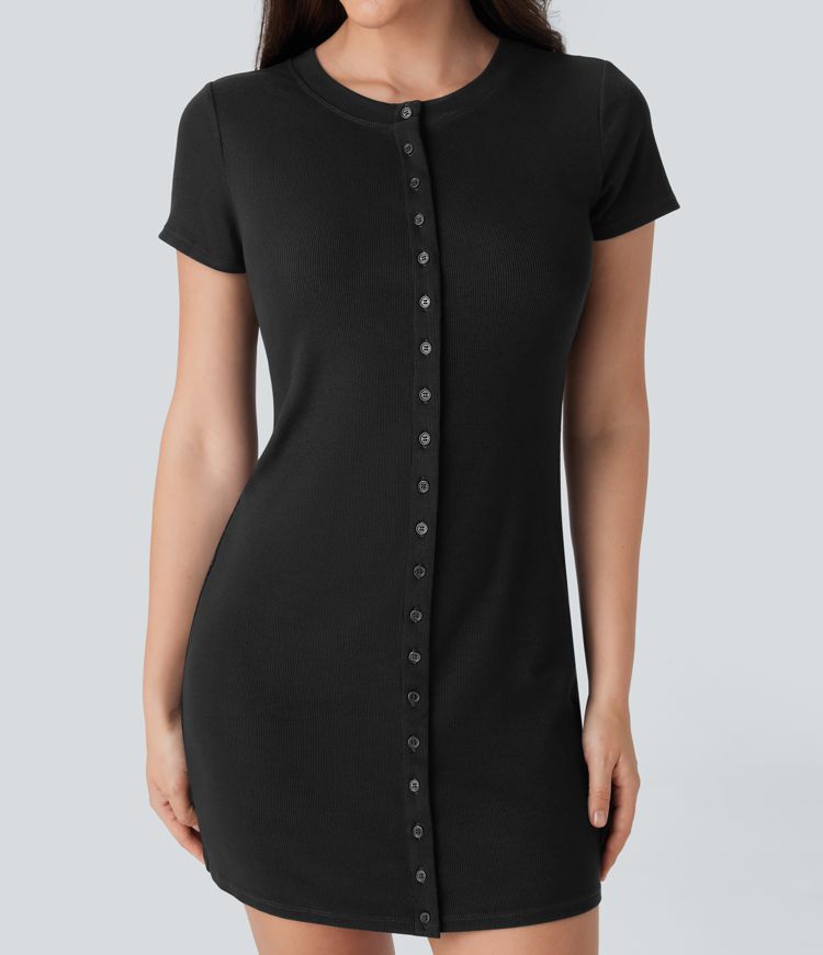 Ribbed Knit Round Neck Mini Casual Dress