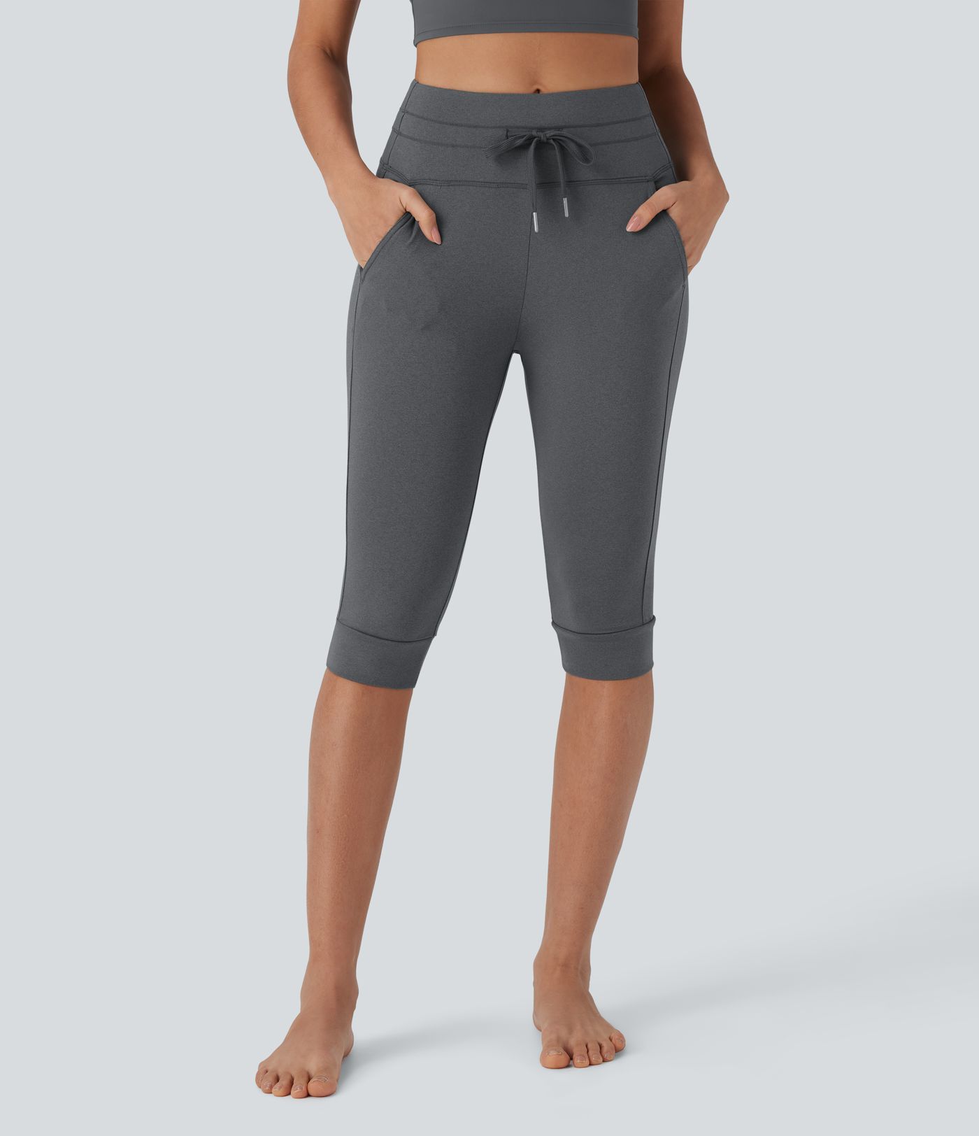 High Waisted Drawstring Pedal Pusher Quick Dry Yoga Joggers with Pockets