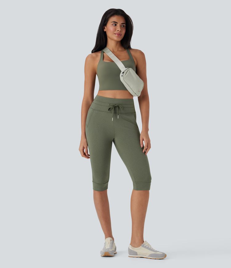 Hochsitzende Kordelzug-Caprihose mit Taschen, schnelltrocknend, für Yoga und Joggen