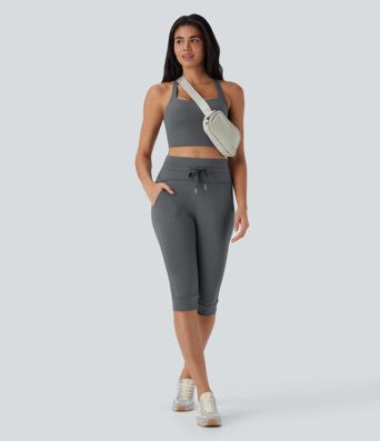 High Waisted Drawstring Pedal Pusher Quick Dry Yoga Joggers with Pockets