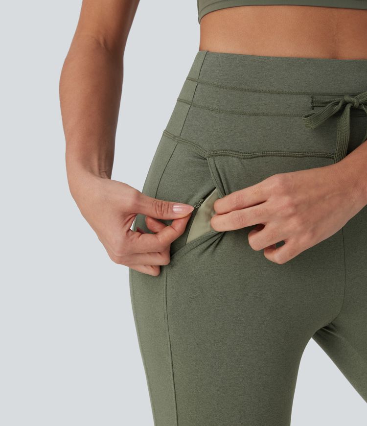 Hochsitzende Kordelzug-Caprihose mit Taschen, schnelltrocknend, für Yoga und Joggen
