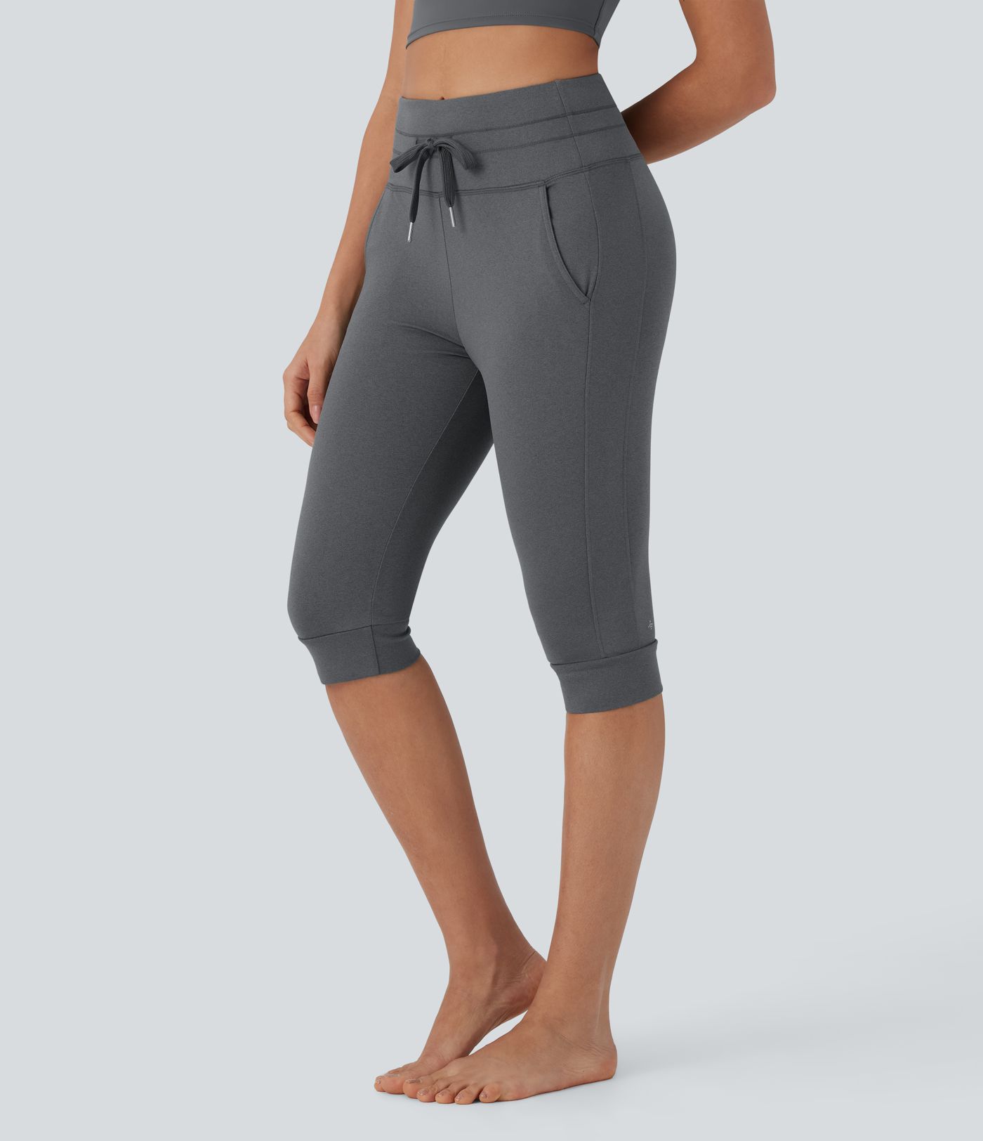 High Waisted Drawstring Pedal Pusher Quick Dry Yoga Joggers with Pockets
