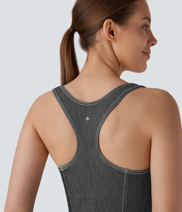 Halara Flex™ Square Neck Racerback Cool Touch Washed Denim Tennis Bodysuit