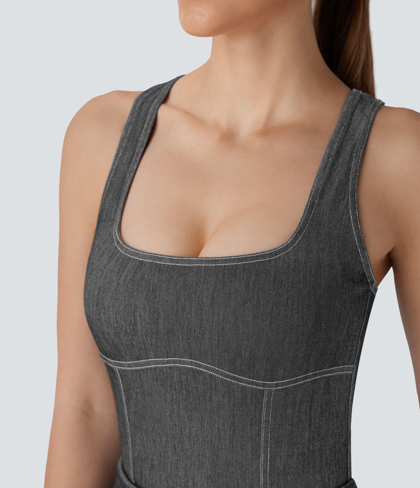 Halara Flex™ Square Neck Racerback Cool Touch Washed Denim Tennis Bodysuit