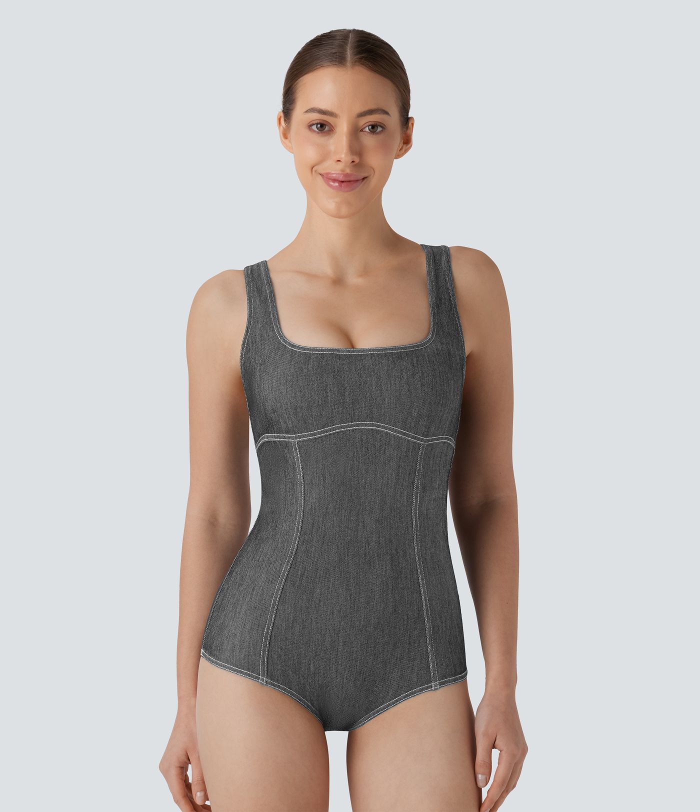 Halara Flex™ Square Neck Racerback Cool Touch Washed Denim Tennis Bodysuit