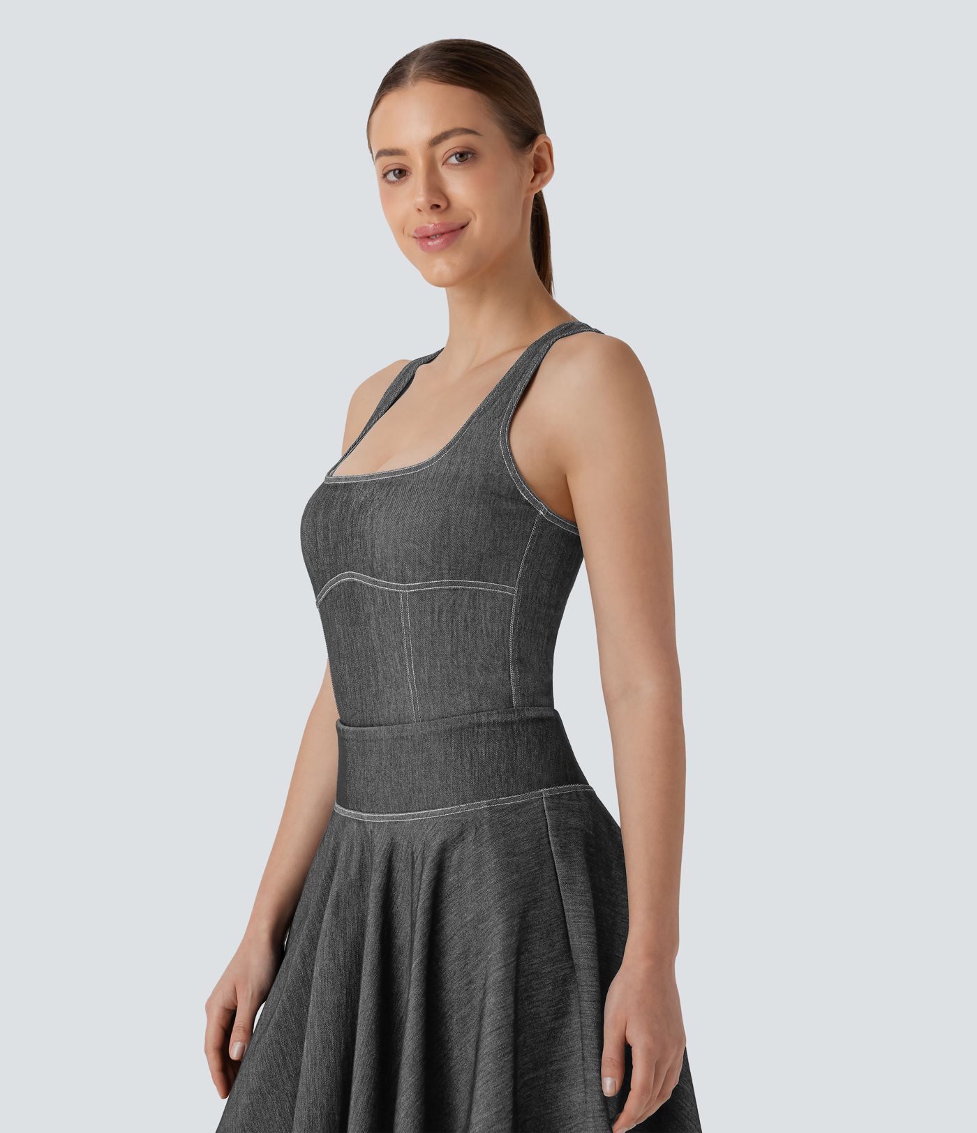 Halara Flex™ Square Neck Racerback Cool Touch Washed Denim Tennis Bodysuit