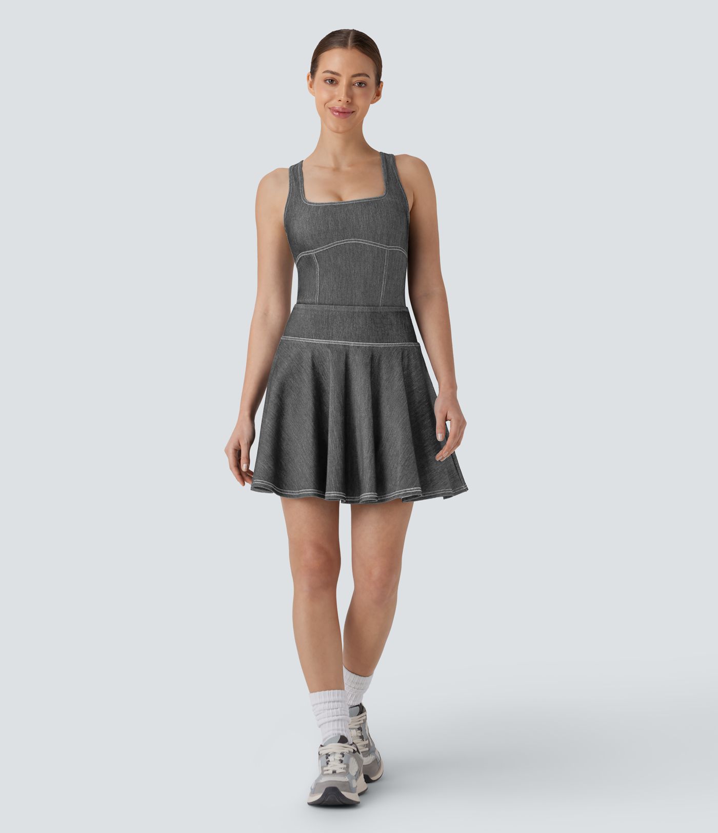 Halara Flex™ Square Neck Racerback Cool Touch Washed Denim Tennis Bodysuit