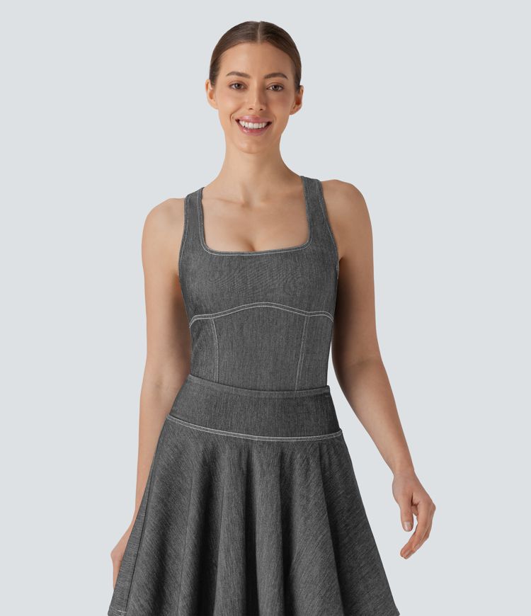 Halara Flex™ Square Neck Racerback  Washed Stretchy Knit Denim Tennis Bodysuit