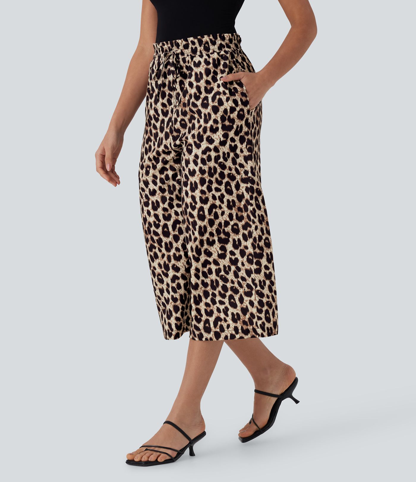 High Waisted Drawstring Leopard Print Wide Leg Capri Casual Pants with Pockets