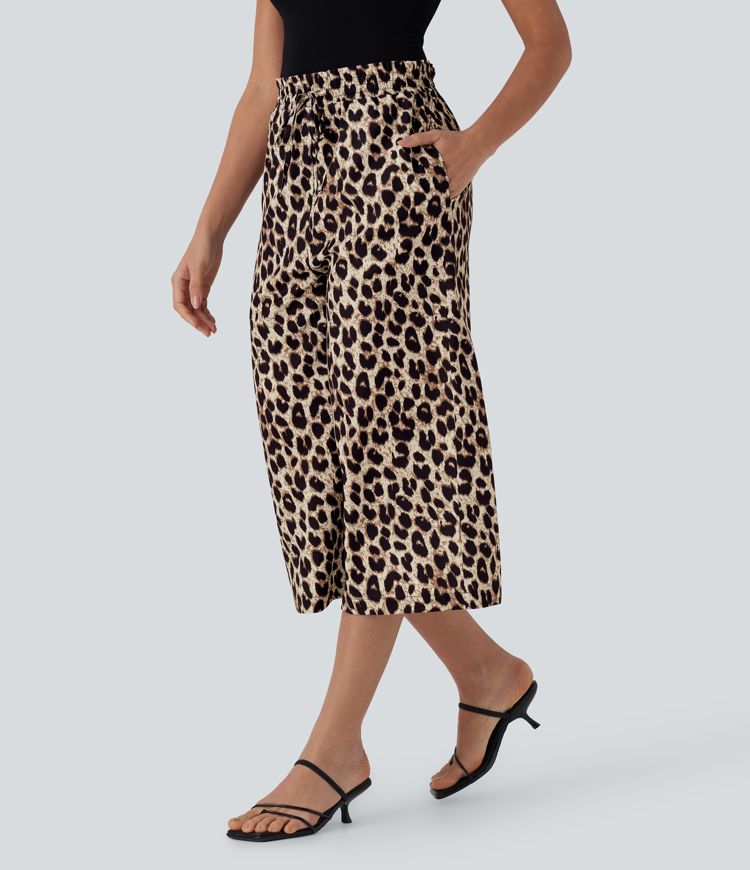High Waisted Drawstring Leopard Print Wide Leg Capri Casual Pants with Pockets