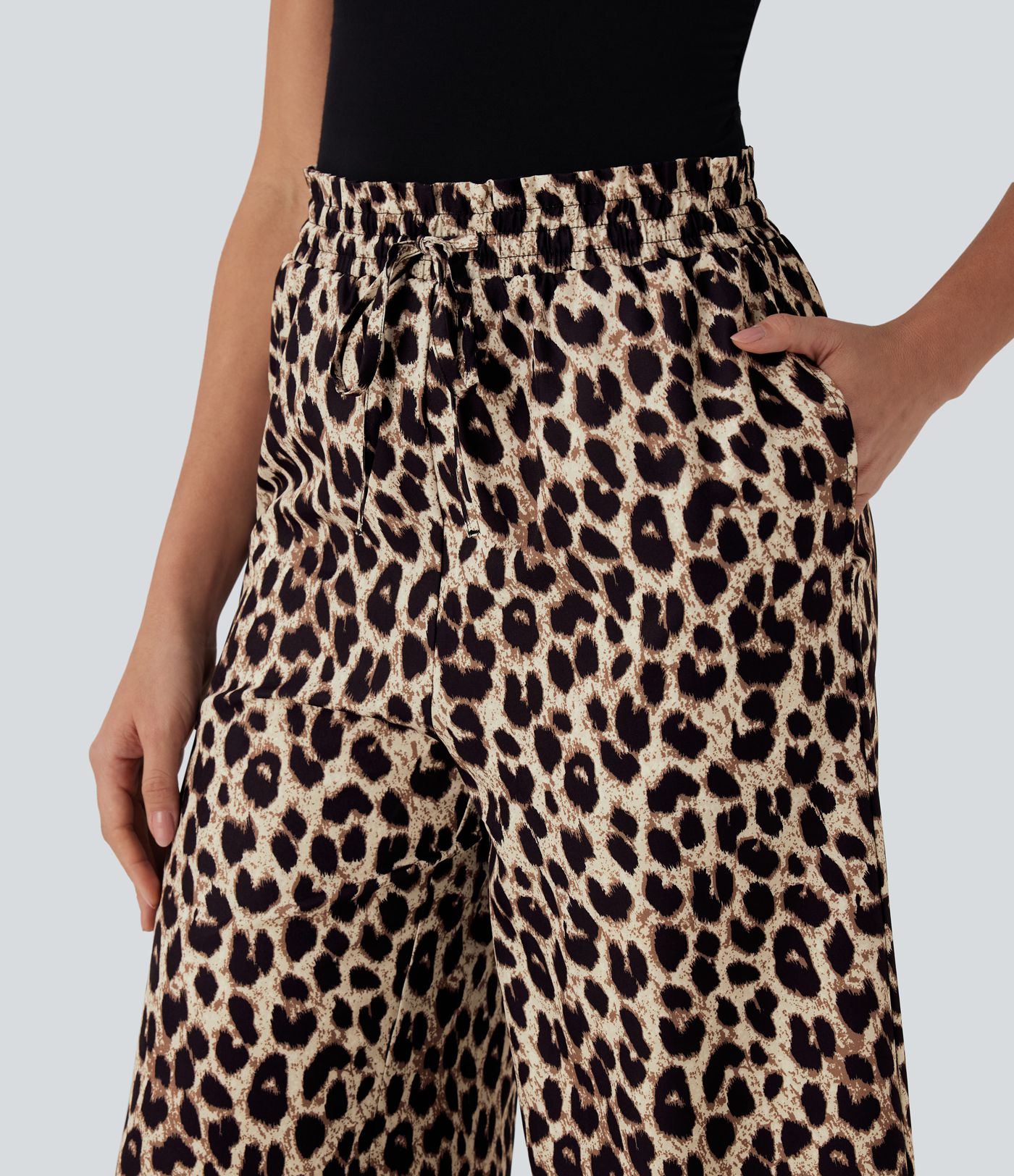 High Waisted Drawstring Leopard Print Wide Leg Capri Casual Pants with Pockets