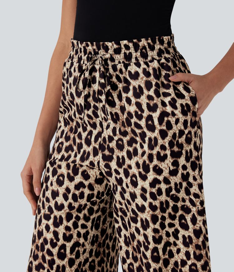 High Waisted Drawstring Leopard Print Wide Leg Capri Casual Pants with Pockets
