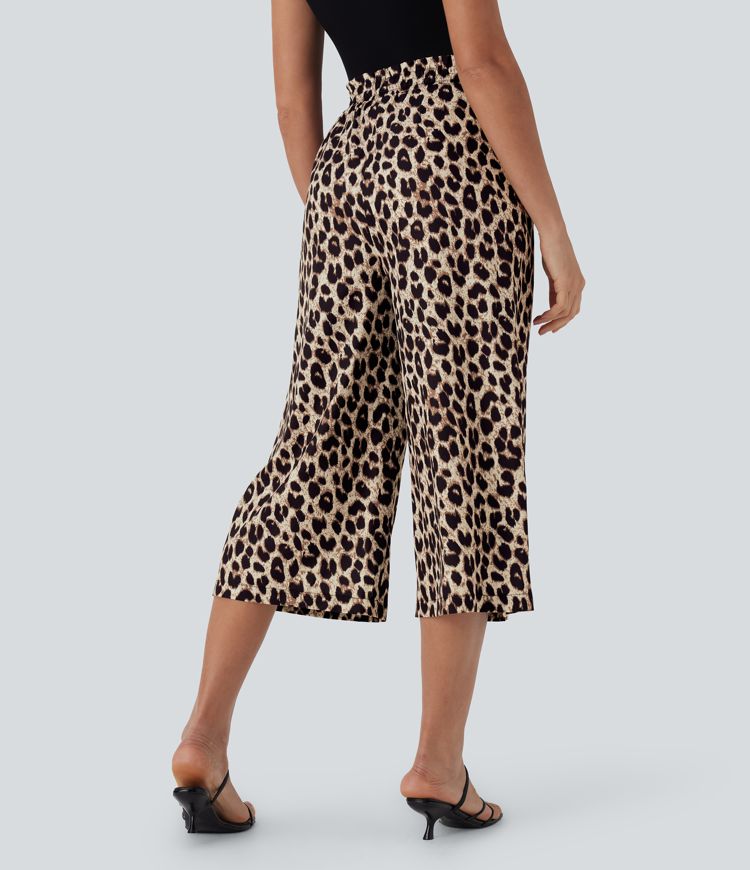 High Waisted Drawstring Leopard Print Wide Leg Capri Casual Pants with Pockets