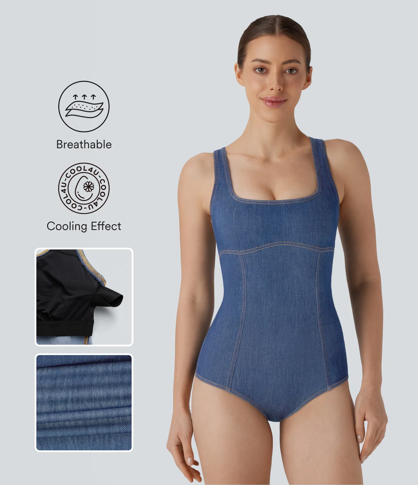 Body Halara Flex™ Denim mezclilla tenis elástica desgastada cuello cuadrado y espalda nadadora con tacto frío