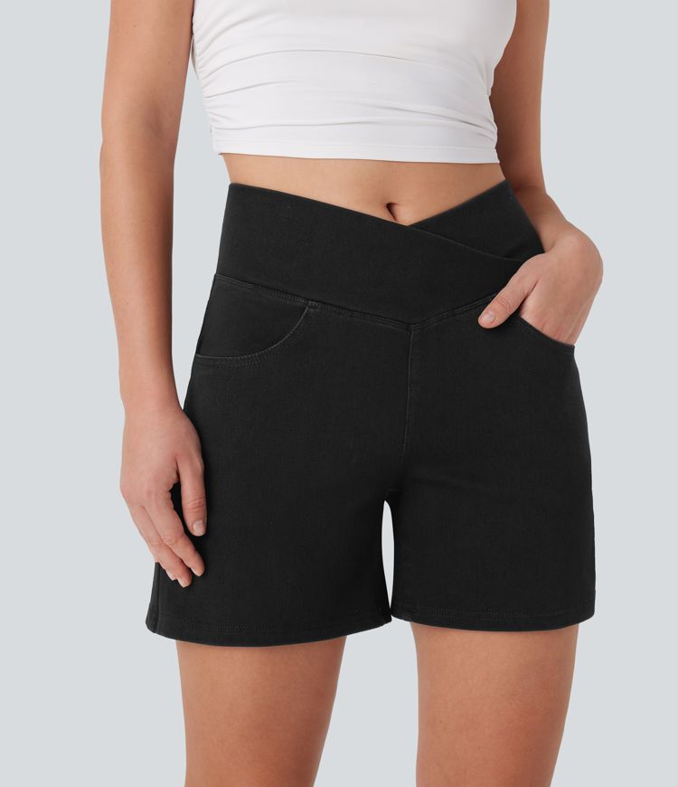 Halara Flex™ Crossover High Waisted Pockets Wide Leg A Line Washed Denim Casual Shorts