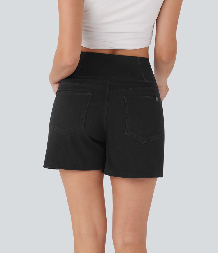 Halara Flex™ Crossover High Waisted Multiple Pockets Wide Leg A Line Washed Stretchy Knit Denim Casual Shorts
