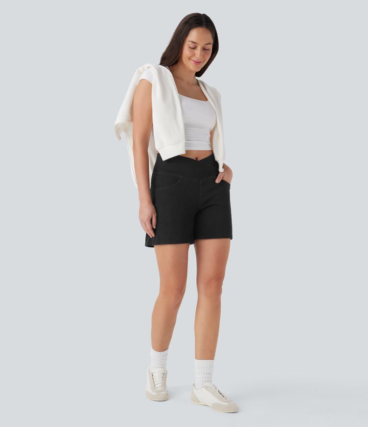 Halara Flex™ Crossover High Waisted Pockets Wide Leg A Line Washed Denim Casual Shorts