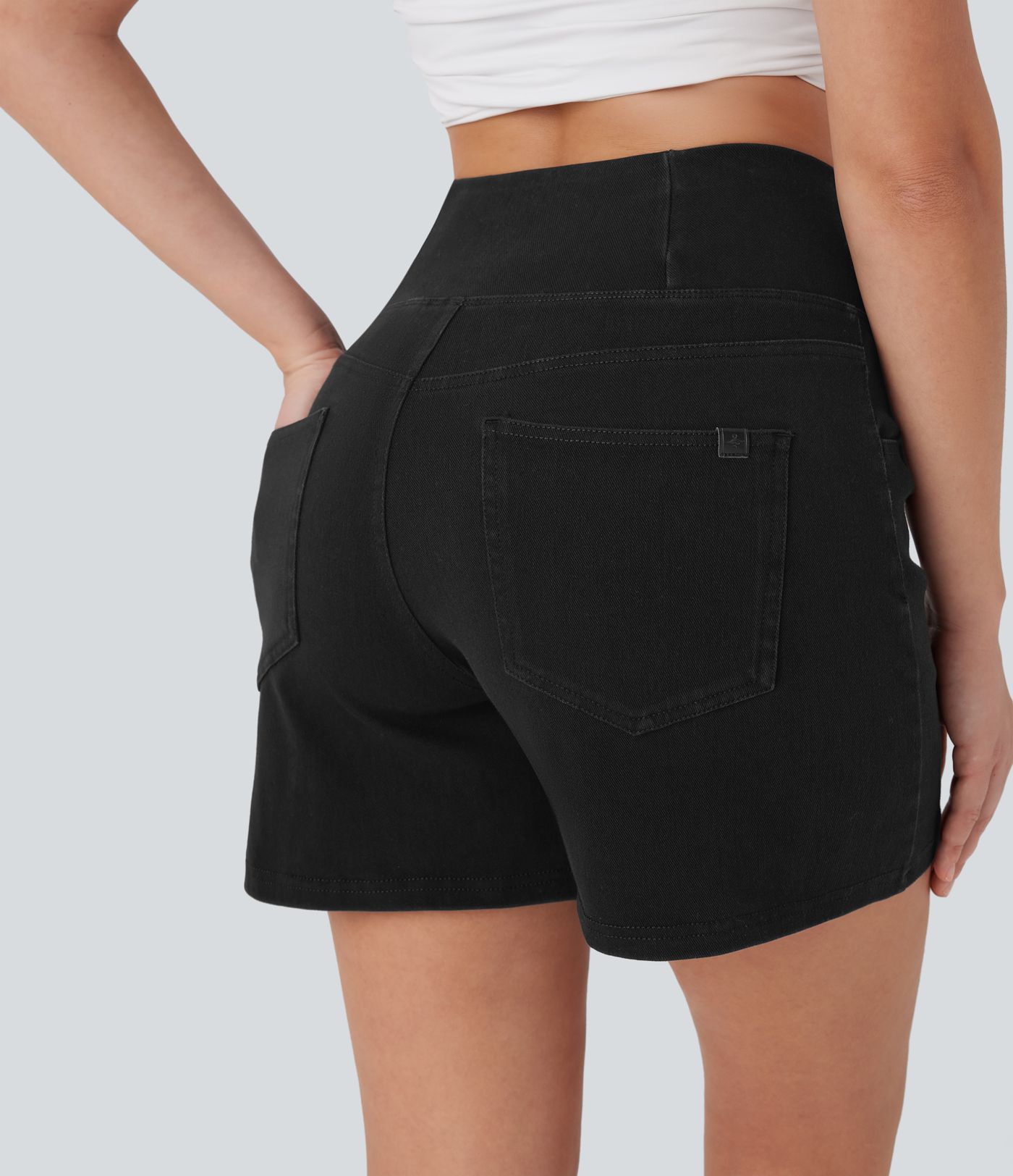 Halara Flex™ Crossover High Waisted Pockets Wide Leg A Line Washed Denim Casual Shorts