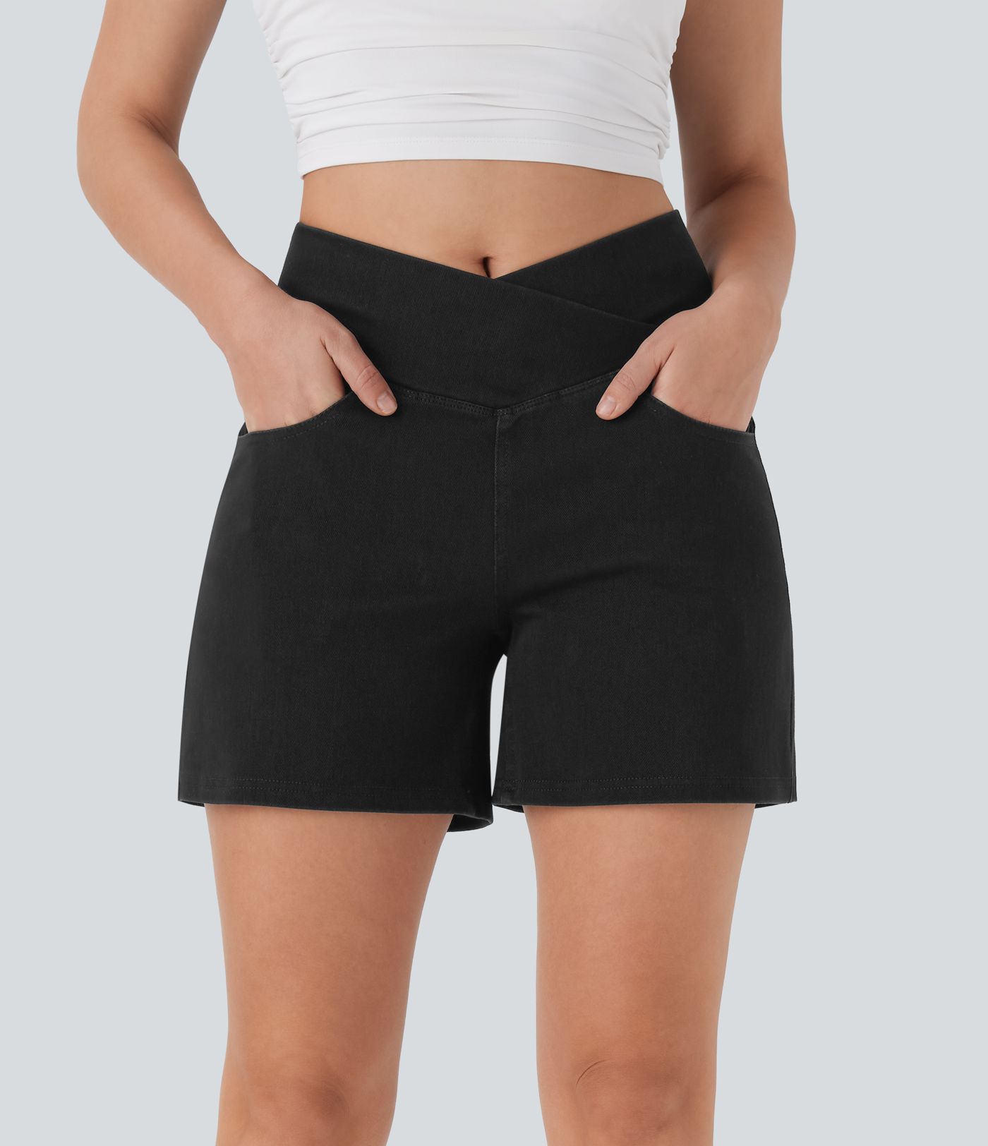 Halara Flex™ Crossover High Waisted Pockets Wide Leg A Line Washed Denim Casual Shorts