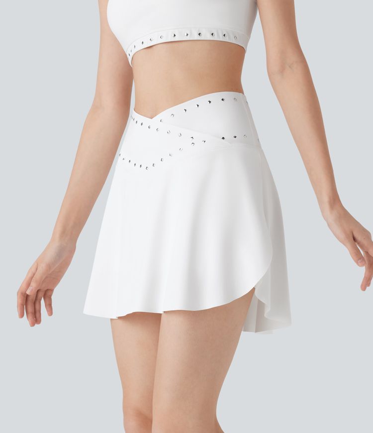 Jupe mini padel/pickleball 2-en-1 Softlyzero™ séchage rapide taille haute croisée cloutée avec poches latérales