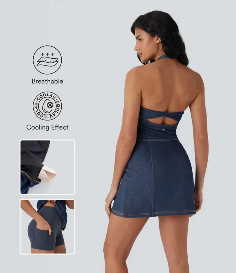 Halara Flex™ Halter Bodycon 2-Piece Cool Touch Washed Denim Mini Tennis Active Dress with Pockets