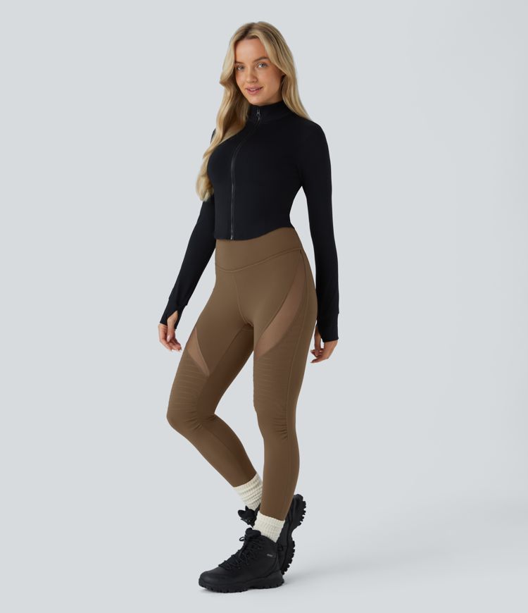 High Waisted Contrast Mesh Top-stitching 7/8 Casual Moto Leggings