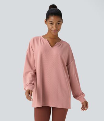 Sweat décontracté en tissu gaufré avec col en V et épaules tombantes