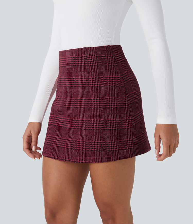 High Waisted 2-in-1 Houndstooth Plaid Mini Work Skirt