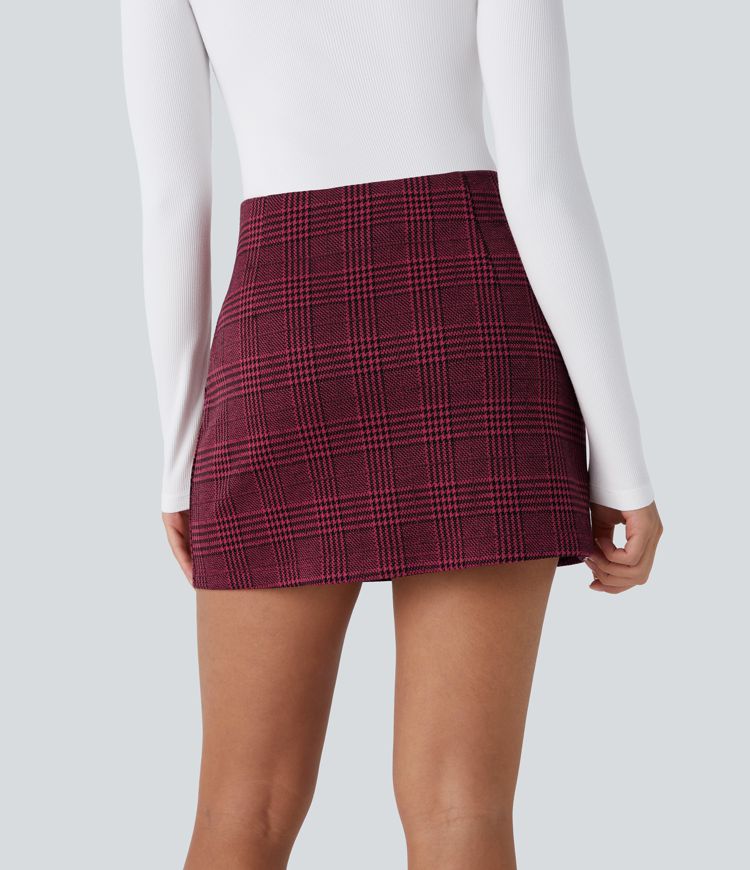 High Waisted 2-in-1 Houndstooth Plaid Mini Work Skirt