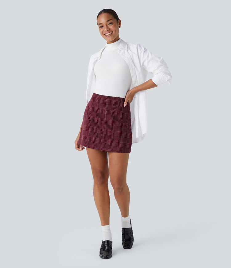 High Waisted 2-in-1 Houndstooth Plaid Mini Work Skirt