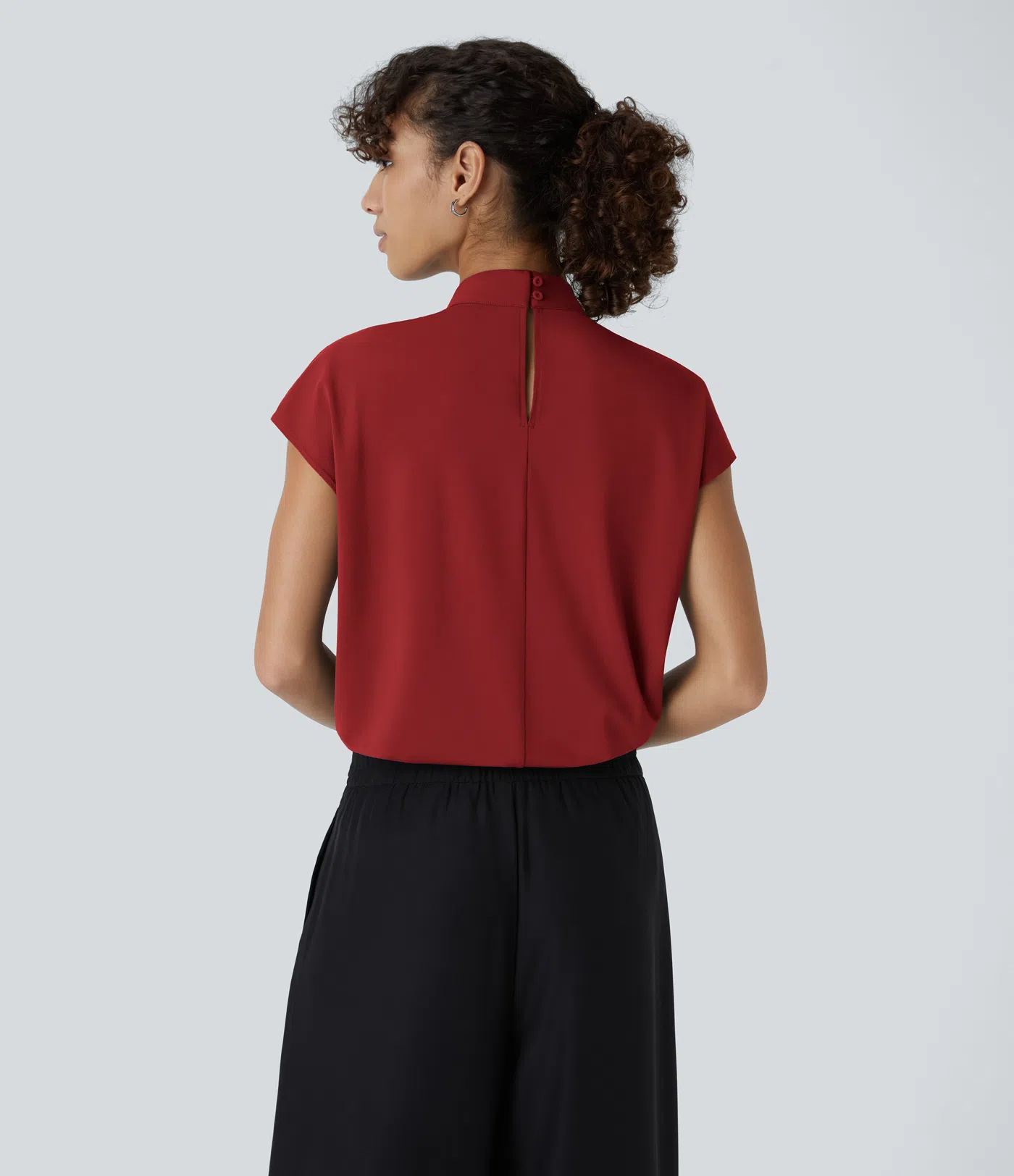 Stand Collar Button Back Cap Sleeve Work Blouse