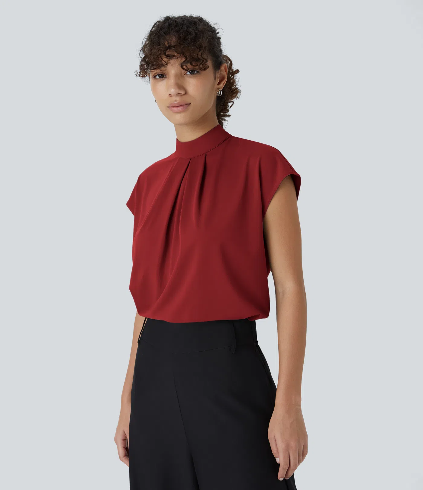 Stand Collar Button Back Cap Sleeve Work Blouse