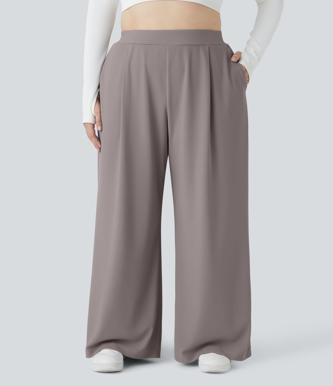 Pantalón Halara Flex™ oficina tiro alto control abdomen adelgazan tiro bolsillo lateral pierna ancha microgofre talla grande