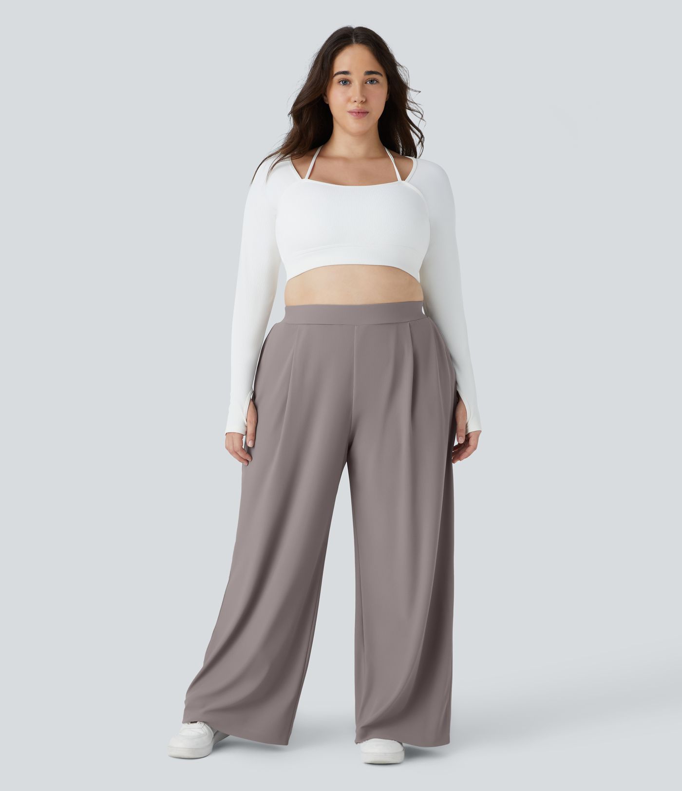 Pantalón Halara Flex™ oficina tiro alto control abdomen adelgazan tiro bolsillo lateral pierna ancha microgofre talla grande