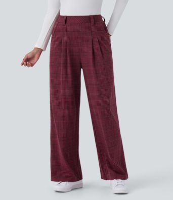 High Waisted Pocket Wide Leg Houndstooth Plaid Casual Pants